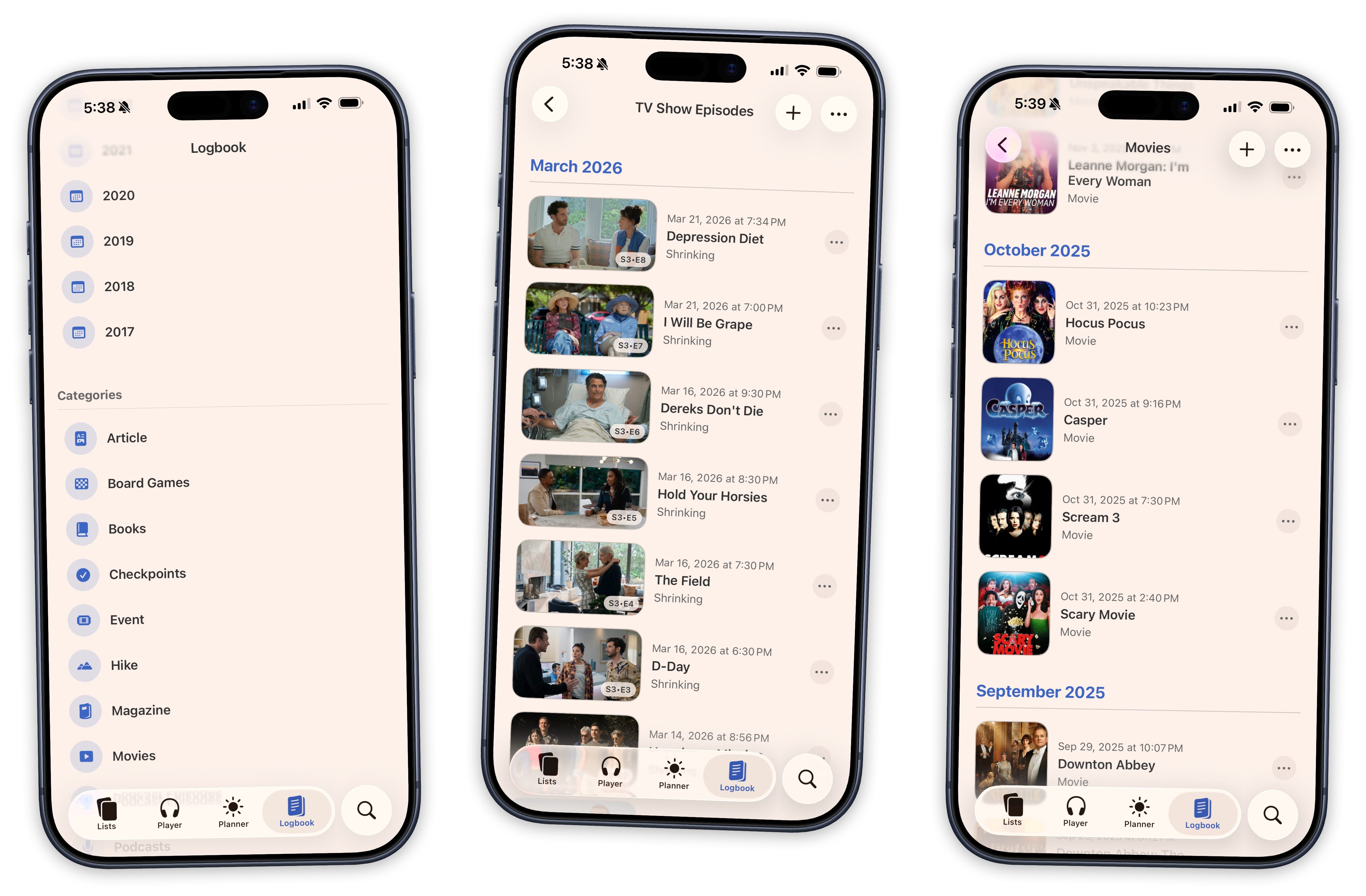Logbook categories showing different content types