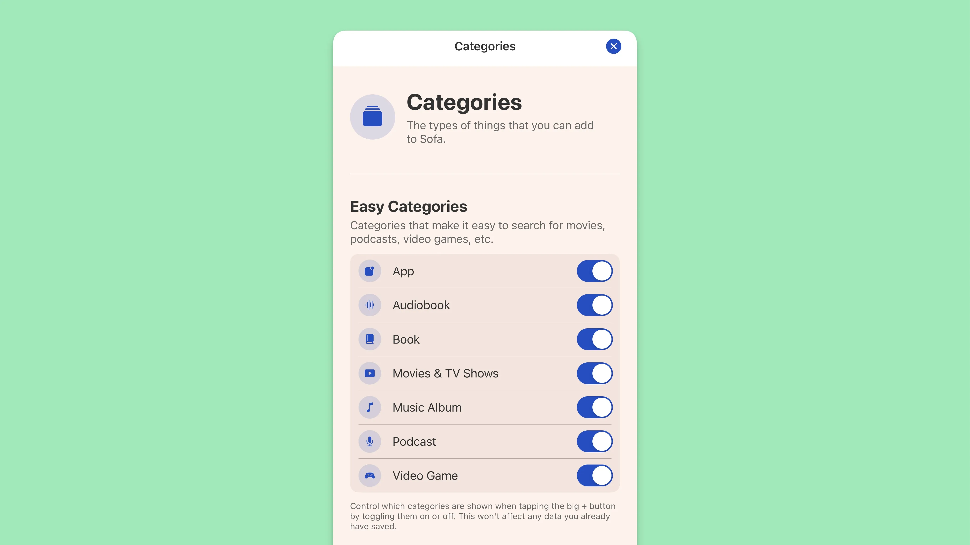 The categories setting screen for Sofa