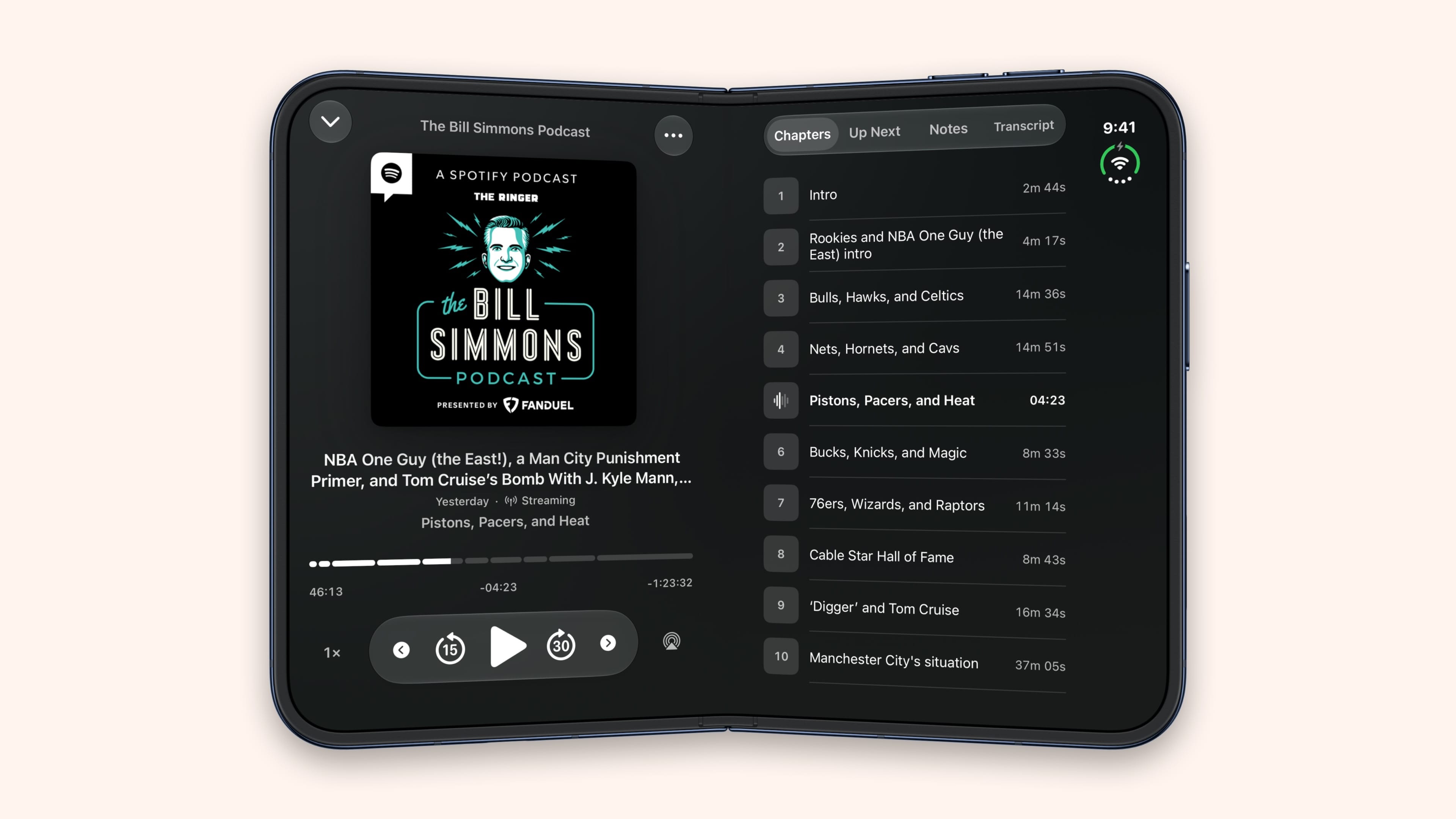 Sofa 5.4 podcast player on an unfolded iPhone Duo, with the player on one side and chapters on the other