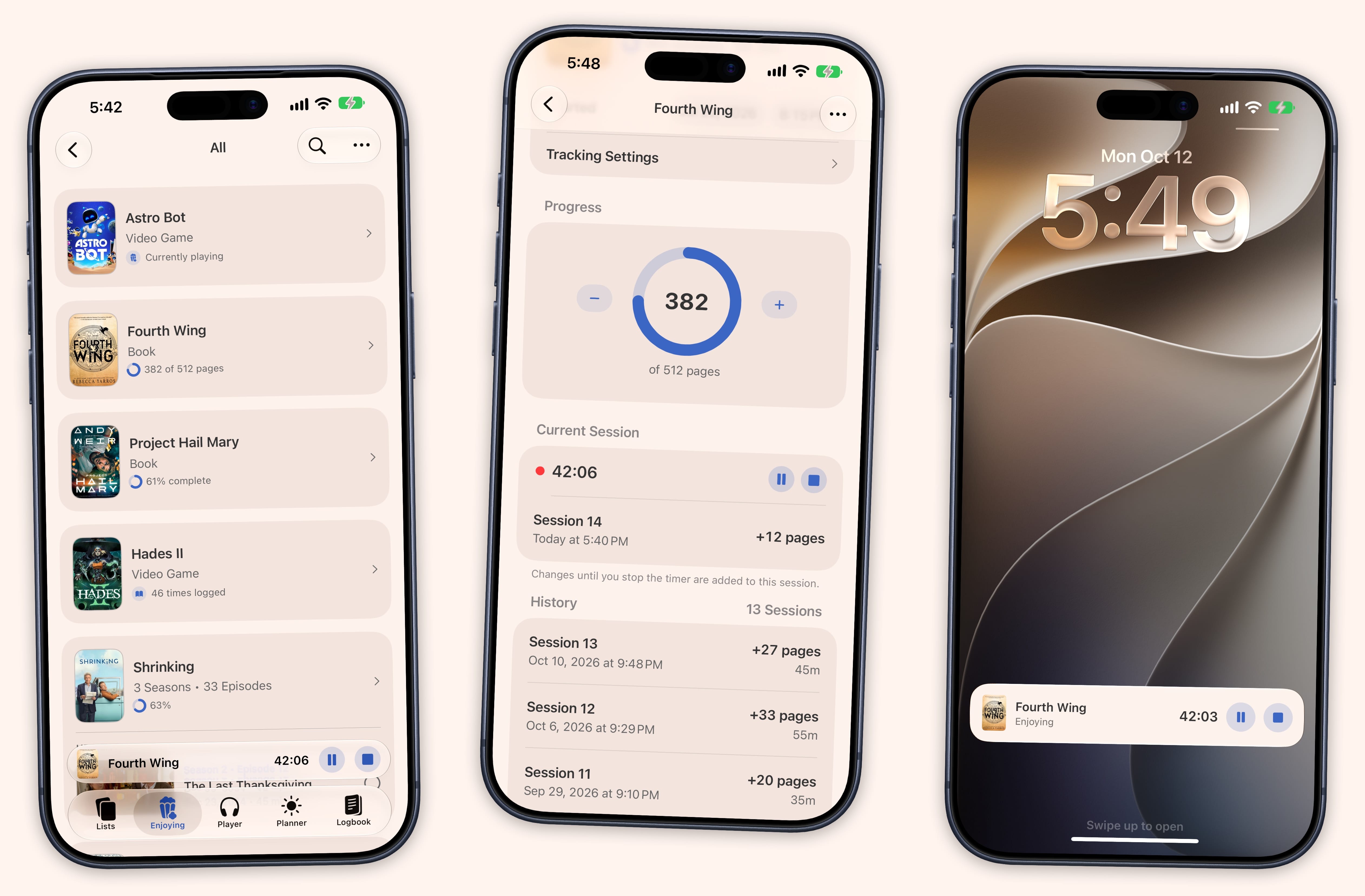Sofa 5.4 session timer in the Enjoying tab, on an item's progress screen, and on the Lock Screen