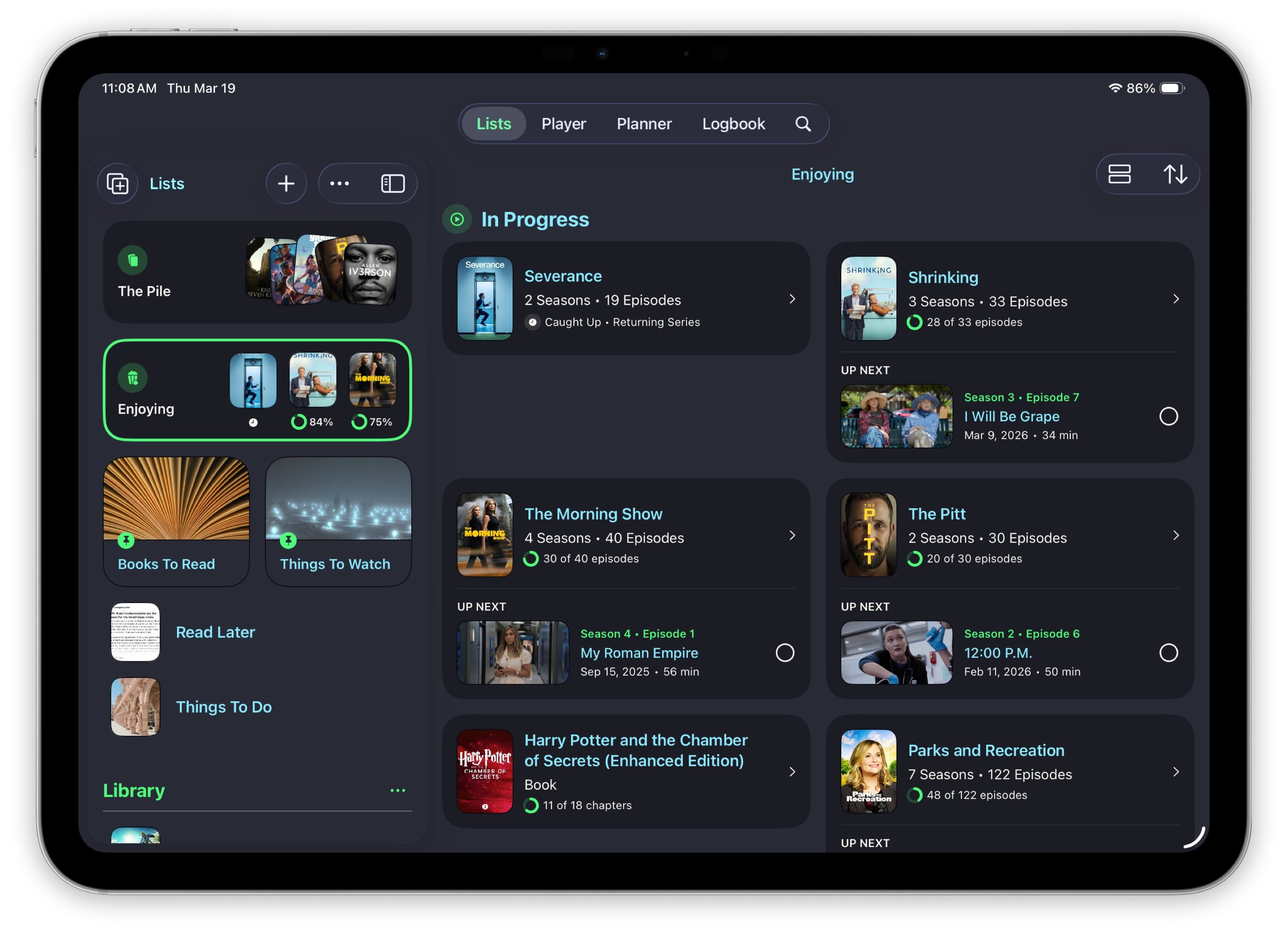 Sofa home screen showing the Enjoying section with progress indicators
